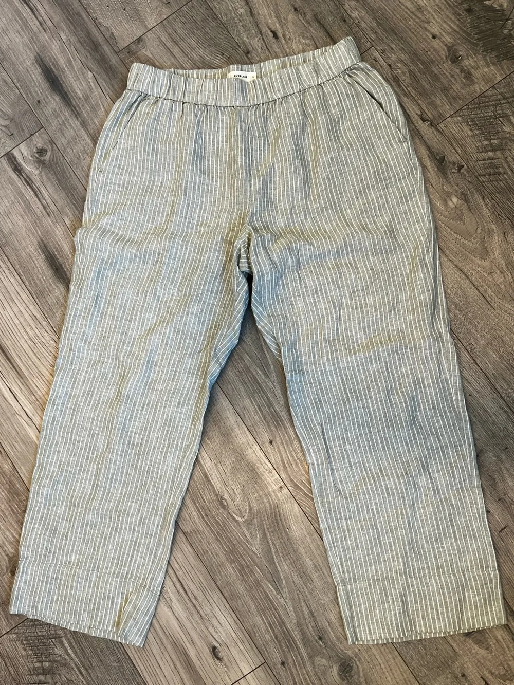 Everlane European Flax Sage Green White Stripe The Linen Easy Pant- Size XL